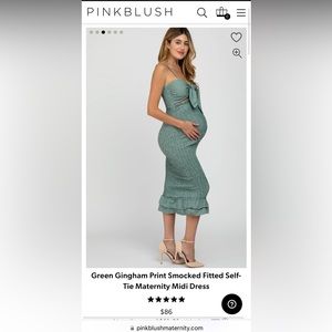PinkBlush Green Gingham Print Smocked Fitted Self-Tie Midi, can be maternity